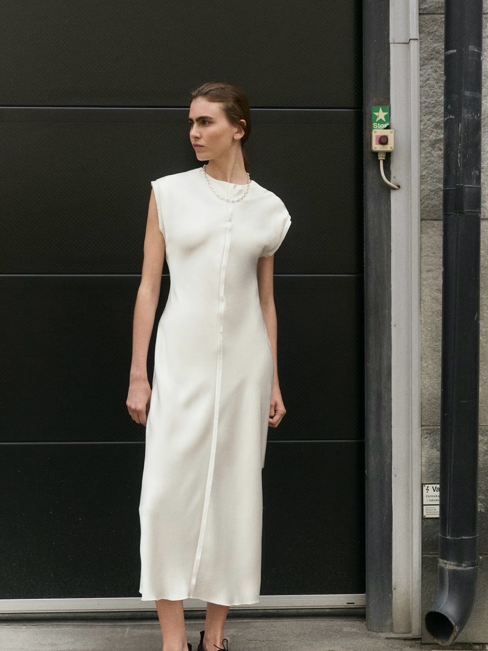 H&M Minimalist White Satin Midi Dress